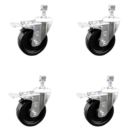 Service Caster 4 Inch SS Phenolic Wheel Swivel 1/2 Inch Threaded Stem Caster Set Total Lock Brake SCC-SSTSTTL20S414-PHS-121315-4
